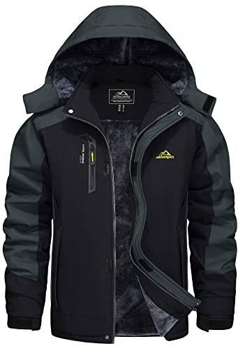 KEFITEVD Skijacke Herren Winter Arbeitsjacke Wasserdicht Winterjacke mit Kapuze Softshell Warm Gefütterte Funktionsjacke Schwarzgrau L