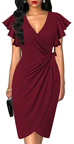 oten Womens Deep V Neck Ruffle Sleeve Sheath Casual Cocktail Party Work Faux Wrap Dress Burgundy X-Large