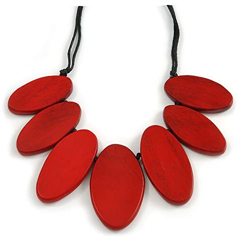Avalaya Collana in corda di cotone con perline di legno rosso dipinte a foglia, lunghezza massima 70 cm, regolabile