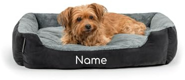 lionto Lit pour Chien avec Coussin réversible et Base antidérapante, Coussin Douillet pour Animaux avec entrée Basse pour Chiens et Chats de Tout âge, 75x60 cm, Noir/Gris (avec nom imprimé)