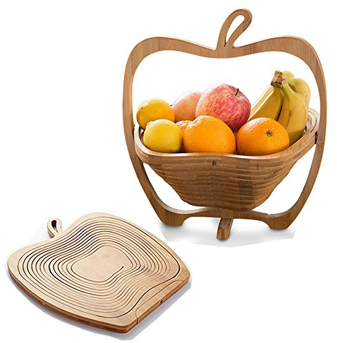 New Traditional 2 In 1 Apple Shaped Wooded Decorative Bamboo Fruit Basket Bowl Multifunction Heat Resistant Non Slip Bamboo Trivets Pot Folding Fruit Egg Bread Basket Collapsible Fruit Bowl