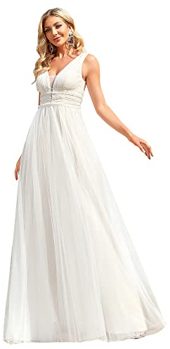Ever-Pretty Abito da Sposa da Donna Scollo a V Linea ad A Stile Impero Tulle Senza Maniche Semplice Bianco 36