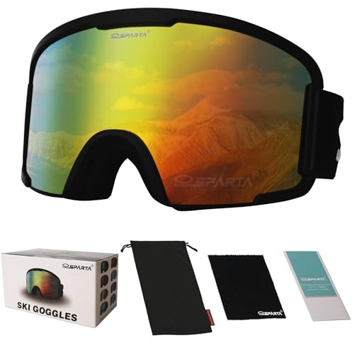 OUTDOORSPARTA Lunettes de sports de neige - lunettes de ski compatibles avec les casques pour hommes et femmes, protection 100% UV (1. Lunette noire, pleine lentille miroir doré)