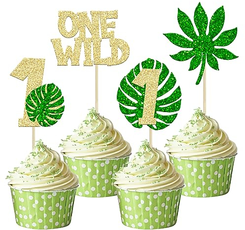 Gyufise 24 Stück Monstera Blatt One Cupcake Topper Glitzer Wild One Cupcake Picks Palmenblätter 1. Geburtstag Kuchen Dekorationen für Dschungel Safari Thema Baby Shower Kinder ersten Geburtstag Party