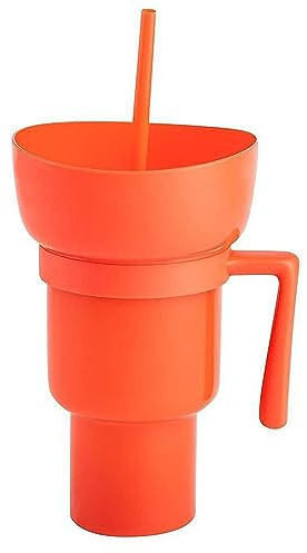 tinysiry Snack and Drink Cup 2 in 1 Tumbler with Snack Bowl, Leakproof Cup Reusable Cinema Beverage Popcorn Cup for Travel, Home, Stadium Tumbler for Popcorns and Drinks Orange