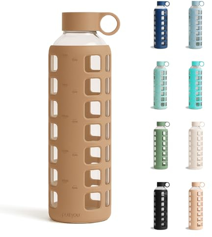 purifyou Glass Water Bottles 42/32/12oz/355ml Glass Water Bottles with Time and Volume Markings and Extra Thick Silicone Sleeve Reusable Bottle for Water, Milk, Juice (32oz, Iced Coffee)