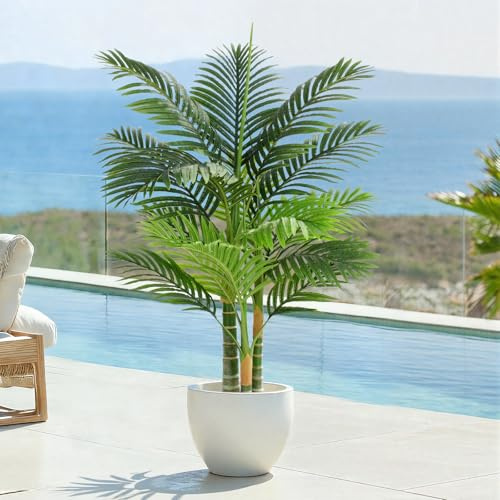 Keeplush Künstliche Goldene Palme 120cm kunstpflanzen groß wie echt, UV-beständig kunstbaum groß, Kunstpalme für Haus Wohnzimmer Schlafzimmer Büro Balkon Garten Decor Künstliche Pflanzen (1 Stück)