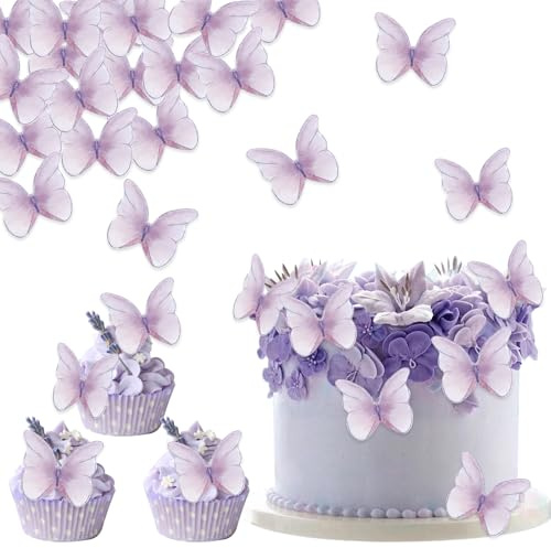 DazzJoy Essbare Schmetterlinge für Torte,48 Stück Tortendeko Essbar Hochzeit,Lila Schmetterling Essbare Tortendeko,Esspapier Schmetterlinge Deko Torte Geburtstag,Kuchen Deko Essbare,Kuchendeko Mädchen