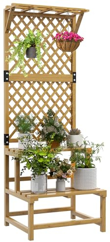 Outsunny Blumentreppe mit Rankhilfe, 2 Stufen, Dach, Pflanzentreppe für Innen Außen, Holz Blumenständer, mehrstöckig Blumenregal für Garten Balkon, 60 x 50 x 166 cm Gelb