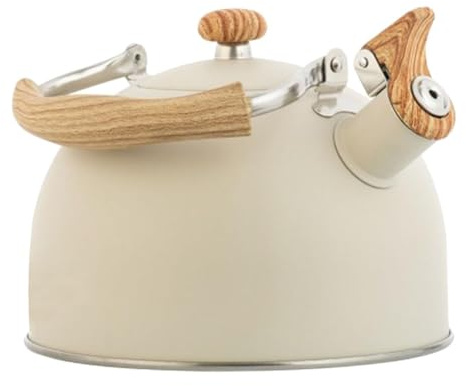 KERALI Whistling Tea Kettle, 2.5L Stainless Steel, Stovetop, Wooden Handle, Induction & Halogen Compatible