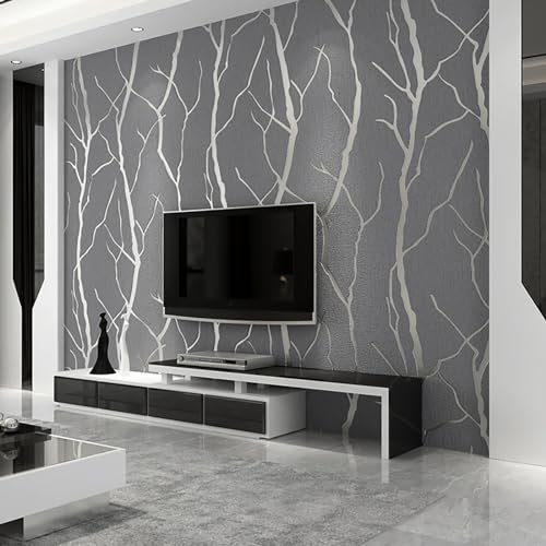 Trafagala Non-Woven Silver Grey Wallpaper 3D Embossed Striped Feature Branch Glitter Wallpaper Flocking Textured Wallpapers Modern Minimalist for Bedroom Living Room TV Backdrop Hallway Hall Lounge
