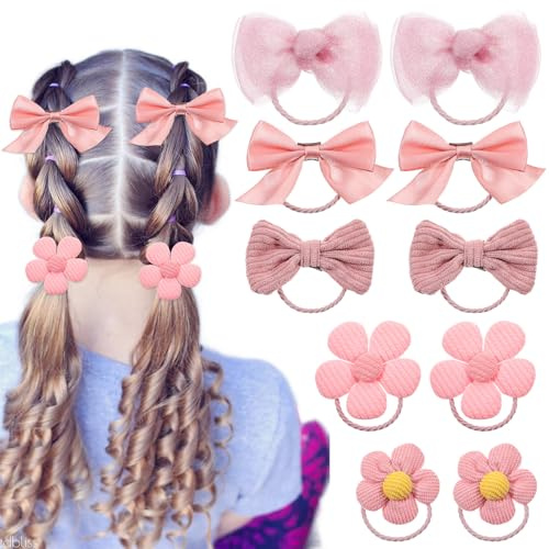 AOZUO 10 Stück Rosa Haargummis mit Schleife, Süßes Elastisches Haarband mit Schleife, Blumen Haargummi, Pferdeschwanzhalter, Band, Schmetterlingsschleife, Zubehör für Frauen, Mädchen, Kleinkinder