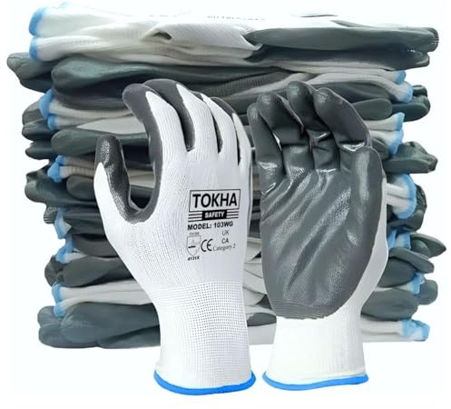 48 Pairs Nitrile Coated Gloves Red Black Nylon Safety Work Glove Use for Workshop Construction Builders Gardening Grip (White-Grey, Large [9])