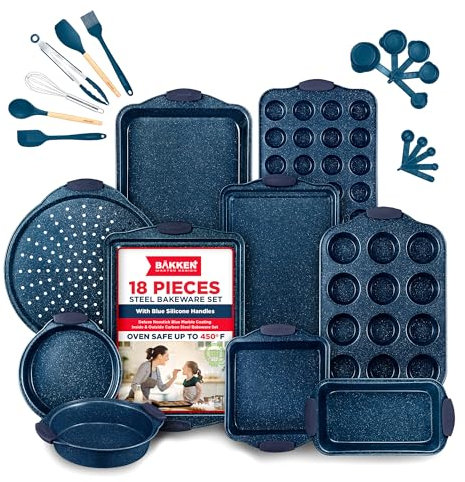 BAKKEN Kitchen Baking Pan Set - Nonstick Coating, Carbon Steel Bakeware Sets with Blue Silicone Handles, Baking Kitchen Essentials, PFOA, PFOS, PTFE Free, Oven Safe Tray (Up to 450° F), Set of 18