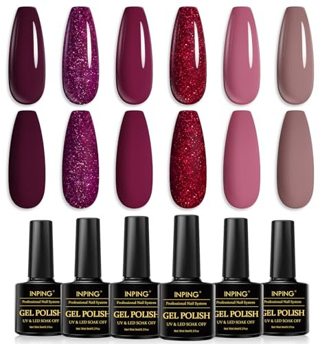 INPING Gel Nail Polish, 6 Colors Cherry Red Gel Polish, Dark Purple Red Burgundy Maroon Plum Autumn Winter Glitter Nail Varnish Soak Off UV LED for Christmas Halloween Nail Art Salon, Home Use