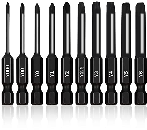 TriWing Bit Set (10 Pack - 2.3 Long Magnetic Heads) in The Following Tri Wing Bits Screwdriver Sizes: Y000, Y00, Y0, Y1, Y2, Y2.5, Y3, Y4, Y5, and Y6