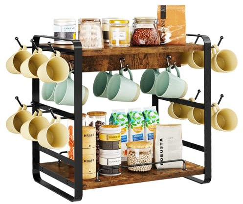 IBUYKE Organisateur De Comptoir De Bar à Café, Portetasse à 2 Niveaux Pour Cuisine, Organisateur Tasse à Café En Bois Avec 18 Crochets, Support Tasse Pour Maison,Cuisine Et Bureau,TBJ006H