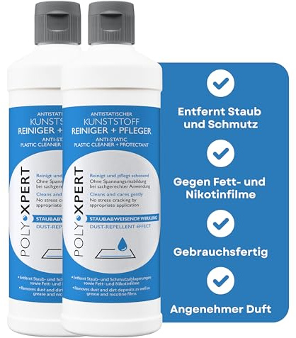 PolyXpert Antistatischer Kunstoff Reiniger & Pfleger 2x250ml - hochwertiger Universalreiniger für alle Kunstoffflächen - ideal für KFZ, Fensterrahmen, Küchengeräte, Fließen und Nikotinablagerungen
