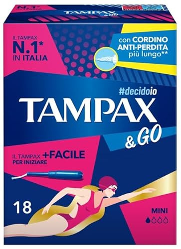 TAMPAX&GO Mini, 18 Assorbenti Interni con Applicatore in Plastica, Presa Antiscivolo e Doppio Cordino Protettivo, Ginecologicamente Testati, ideali per Flusso Leggero