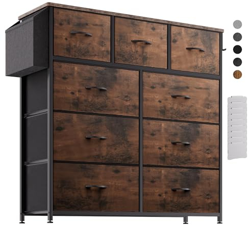 PURFINO Fabric Chest of Drawers - Canvas Storage Unit with 9 Drawers, Label Cards, Side Pocket & Hook for Living Room, Hallway, Bedroom