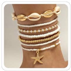 CharmBurst 7PCS Muschel-Fußkettchen, Strand-Fußschmuck, Boho-Stack-Stretch-Perlen, Hawaiianische Sommer-Schmuck-Set, Elegante Wasserdichte Surfer-Armbänder