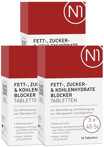 N1 Fettblocker Tabletten - Zucker & Kohlenhydrate Blocker gegen Übergewicht | Medizinprodukt zur Behandlung & Vorbeugung von Übergewicht - Diät, abnehmen Tabletten schnell