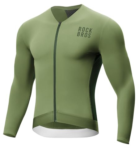 ROCKBROS Cykeltröja för män långärmad, cykeltröja med cykeltopp andas snabbtorkande med 3 fickor, reflekterande cykelshorts för MTB BMX, löpning cykling och vandring, gRÖN, M