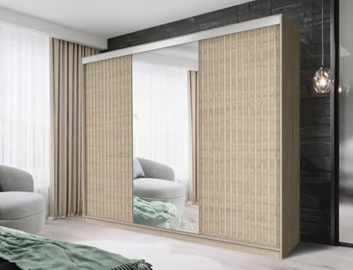 FHI_kingston Modern Mirrored Sliding Wardrobe with Shelves, Hanging Rails Bedroom Furniture available in White, Black Grey, Oak | Sizes: 150, 180, 203, 250cm (Oak, 250)