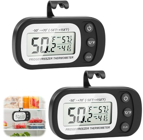 Fridge Thermometer Digital Freezer Thermometer with Hook with Large LCD Display Easy to Read LCD Display Min/Max Function 3 Support Methods °C/°F Convertible for Home Restaurants Bars 2 Pack