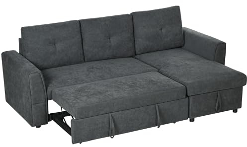 HOMCOM Schlafsofa Ecksofa mit Bettfunktion, 3 Sitzer Couch mit Stauraum, Chaiselongue, Leinenoptik Polstersofa für Wohnzimmer, Dunkelgrau