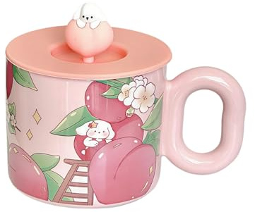Steingut Tassen 350 Ml Keramiktasse Mit Silikondeckel Für Milch, Kaffee, Dessert, Getränke, Obst, Welpenbecher – Rosa Pfirsich