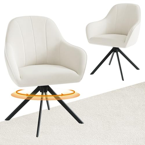 Hawthyhome Esszimmerstühle Drehbar 2er Set 5cm Sitzkissen Samt/Creme Weiß | Stühle Esszimmer mit Armlehne,Polsterstuhl mit Metallbeinen,Moderner Küchenstuhl für Esszimmer,Wohnzimmer,Büro