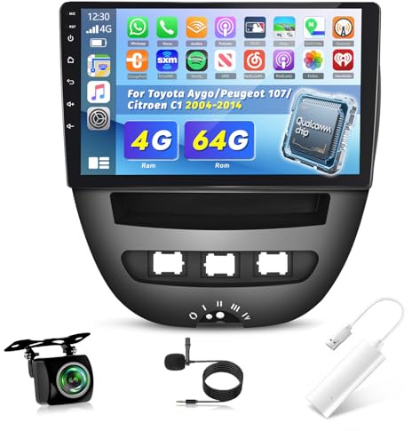 8 Core 4G+64G Qualcomm Autoradio für Toyota Aygo/Peugeot 107/Citroen C1 2004-2014 mit kabellosem CarPlay Android Auto und Tragbarem WLAN, Android 15 9 Zoll mit WLAN, GPS, Bluetooth 5.1, FM/RDS, DSP