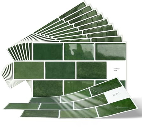10-Sheets Peel and Stick Wall Tiles, 3D Self Adhesive Tile Stickers for Bathroom and Kitchen, Stick on Tiles Splashback Green (30.5x15.25cm)