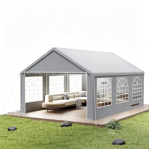 VA-Cerulean Tenda per feste, 4 x 6 m, impermeabile, resistente ai raggi UV, in polietilene, 6 pareti laterali rimovibili con finestre, aste in acciaio zincato, per giardino, feste, matrimoni
