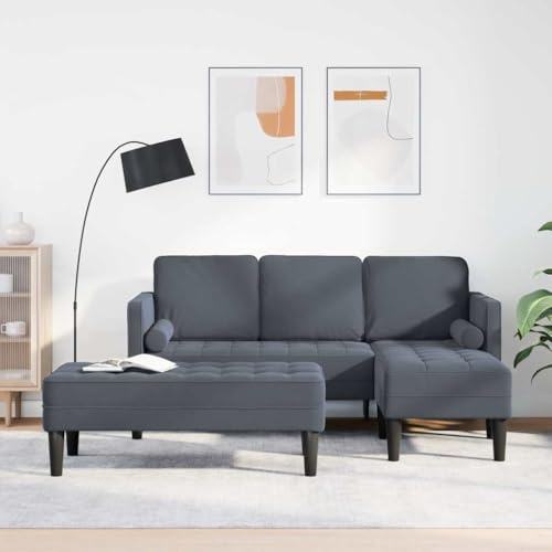 Kaloriko Sofa Set Dunkelgrau mit Kissen 2 pcs Polyester Polstergarnitur mit Ottomane modular L-förmig Couch Wohnzimmer Ecksofa gemütlich relaxfunktion