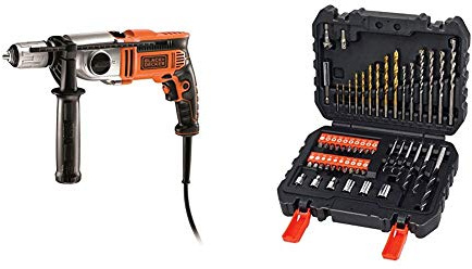 BLACK+DECKER KR911K, Taladradora Electrónica, 2 Velocidades 910 W, BLACK+DECKER A7188, Set de 50 Piezas con Brocas y Puntas para Atornillar y Taladrar