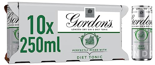 Gordon's London Dry Gin & Diet Tonic | 5% vol | 10 x 250ml Can | Ready to Drink Gin & Tonic Cans | Juniper & Gin Botanicals | Best Served Chilled from the Can or in a Gin Glass