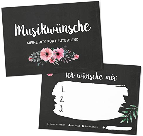 DeinWeddingshop 50 Musikwunschkarten A6 Musikwunsch, DJ-Karten für Hochzeit - Hochzeitsfeier, Gäste-Wünsche, Hochzeitsspiel, Premium-Papier - 10,5 x 14,8cm (Chalkboard Flower)