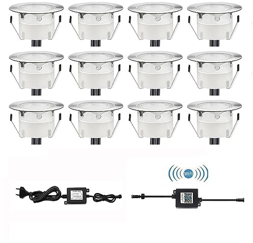 CISLAN LED Terrassen Bodeneinbaustrahler RGB 12er Set, Ø45mm WiFi Terrasse Einbauleuchten Kompatibel mit Amazon Alexa, IP67 Wasserdicht App Steuerbar LED Außen Boden Licht für Küche