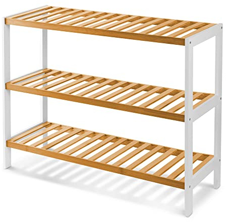 KEPLIN 3 Tier Natural Bamboo Shoe Rack Easy Assembly & Strong Design Stand Shelf Organiser Ideal for Corridor,Bedroom,Bathroom,Hallway & Small Spaces Large Capacity Up to 9 Pairs of Shoes(55x70x25cm)