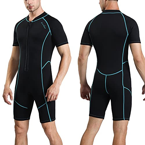 OMGear Wetsuit Men Women 2mm Neoprene Shorty UV Protection One Piece Short Sleeves Scuba Diving Suits Swimsuit for Scuba Diving Surf Snorkeling Swimming(Black&Aqua, Medium)