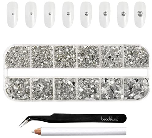 Beadsland Strasssteine für Nägel,Kristall Weiss,6 Größen Gemischt,2500 Stk | Klare Strasssteine Kit,SS4-SS30,Glasmaterial,zum Basteln,Gesicht Edelsteine,mit Picking-Pinzette und Wachsstift