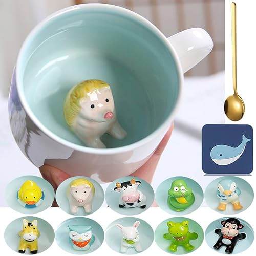 Arawat Igel Tasse Geschenk Lustige Kaffeetasse 3d Tier Tasse Keramik Cute 350 ml Teetasse mit Löffel & Untersetzer Weihnachten Kaffee Tee Becher Süße Geburtstagsgeschenk für Freund Frauen Männer