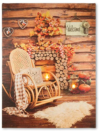 Nexos Trading LED Wandbild Leinwandbild mit Beleuchtung Fotodruck Schaukelstuhl 30 x 40 cm 2 LED warm weiß Kunstdruck Leuchtbild Wiese Vintage-Stil Herbst Kamin