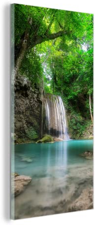 MuchoWow Glasbild Glasfoto Wandbild Bilder Deko 40x80 cm Dschungel - Wasserfall - Pflanzen - Wasser - Natur