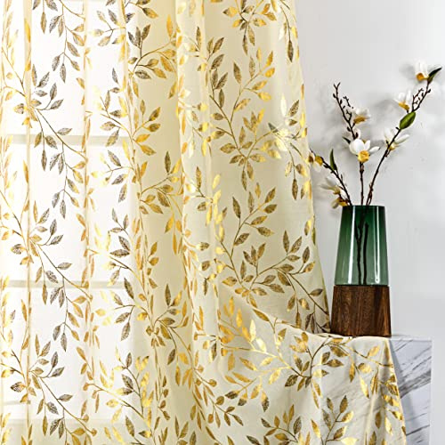 Sutuo Home, Set di 2 tende trasparenti, con stampa con lamina dorata e foglie color bronzo, per la privacy, per camera da letto, cucina, soggiorno, 132 x 213 cm (larghezza x lunghezza), colore beige