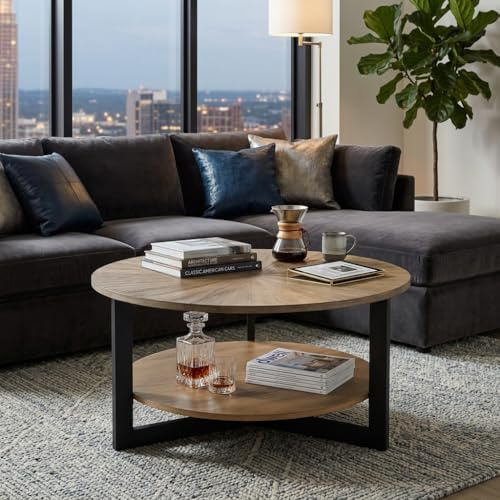 MODERION Runder Wohnzimmertisch, Couchtisch, Kaffetisch,Doppelschicht, Freizeittisch aus Massivholz, Minimalistischer natürlicher Stil, 85 x 85 x 45.5 cm (Hellbraun), KFZ-1336