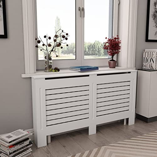 WIFESE HeizköRperverkleidung 152x19x81.5 cm Weiß 2 Stk. HeizköRperabdeckung MDF Holzgitter HeizköRperverkleidung RippenheizköRper Lamellenwand Holzverkleidung Wand