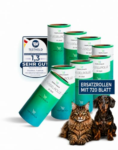 Fusselroller ersatzrollen 8er Set 720 Blatt | Für gängige Fusselroller, Starke Klebekraft, Fusselrolle Tierhaare, Blätter lassen sich leicht entfernen